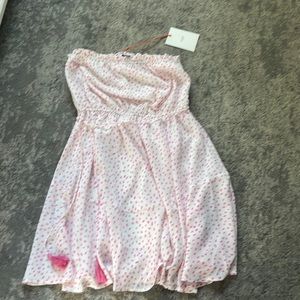 Pink and white mini strapless dress